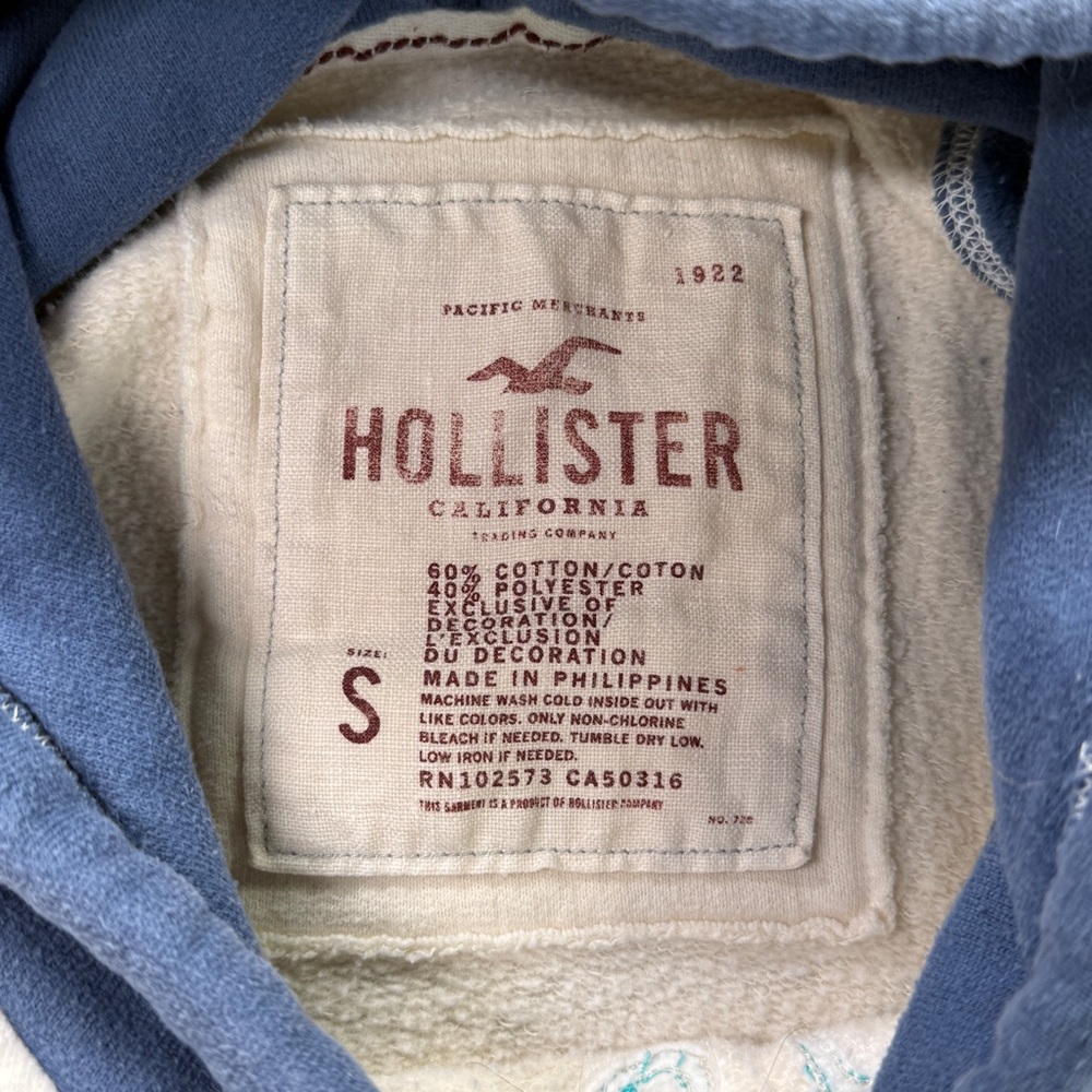 Hollister California CA Logo Hoodie Women’s Small Cream Blue Two-Tone Fleece Y2K - Picture 5 of 9
